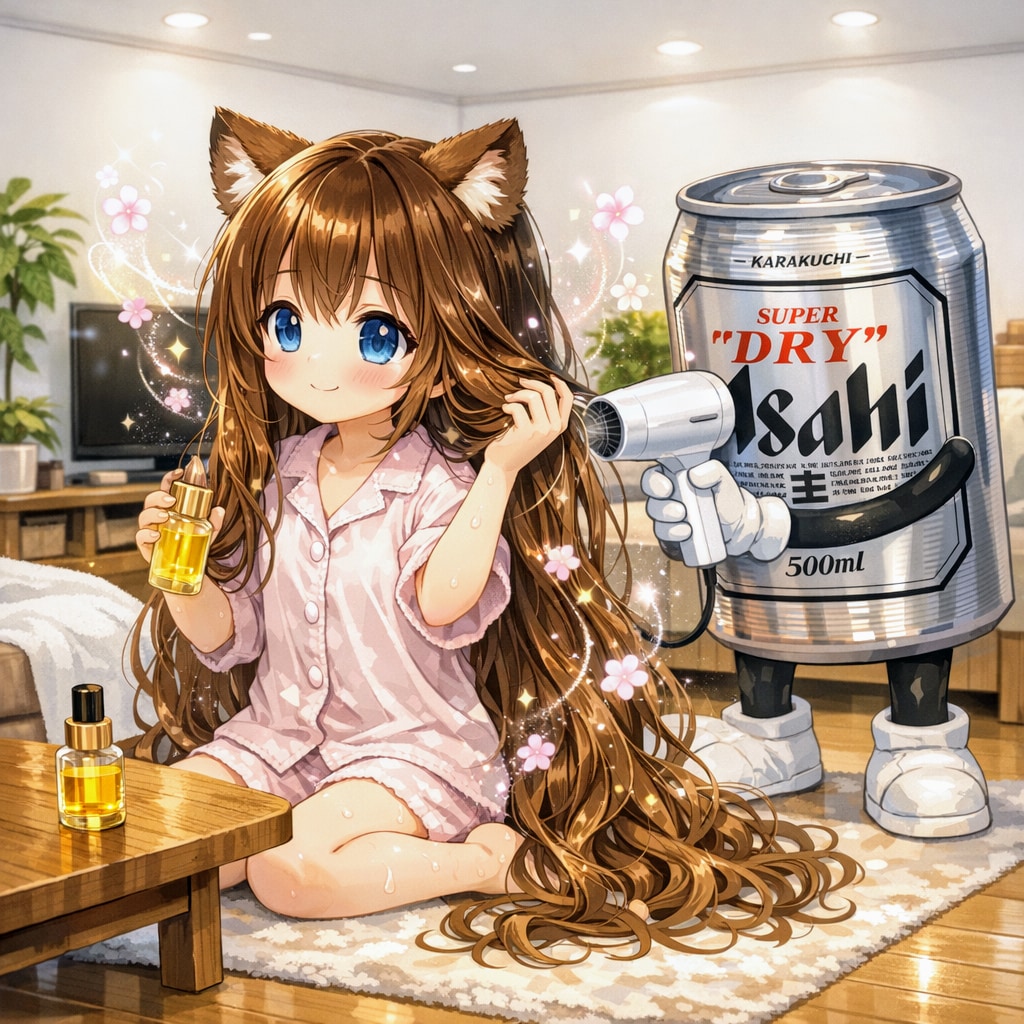 ヘアオイルを塗る小さな女の子