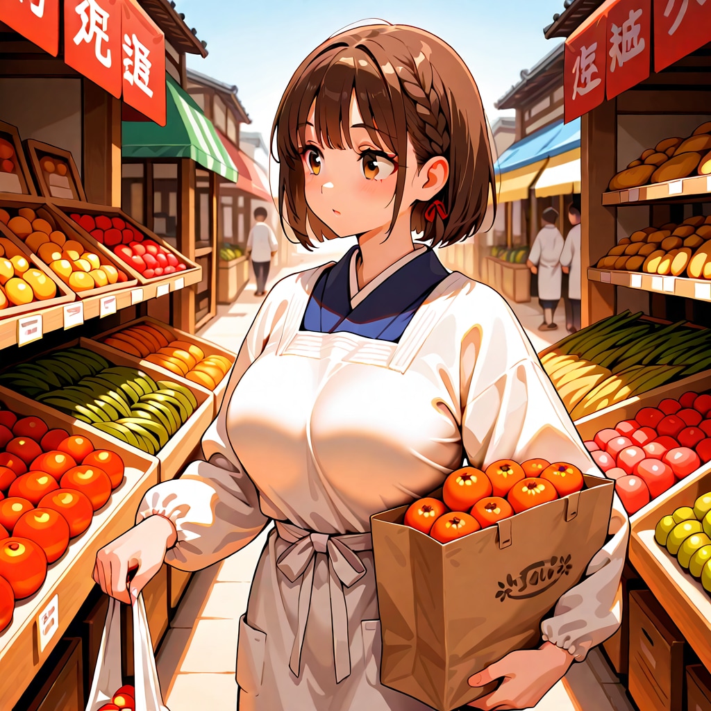 割烹着の女性　買い物