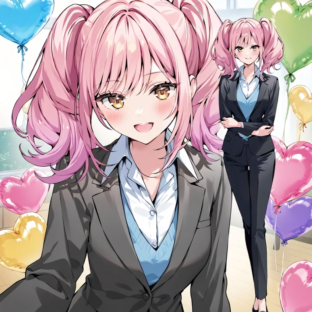 いっぱい色とりどりのハート風船を持つピンク髪ツインテールの黒いスーツ着た美女先生