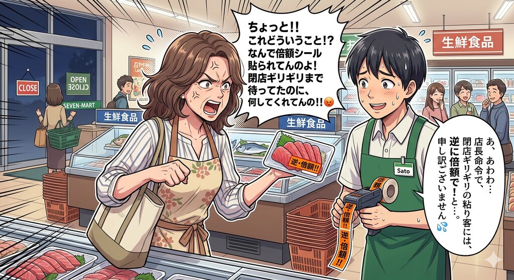 粘ってたら倍額シールを貼られて怒ってる主婦