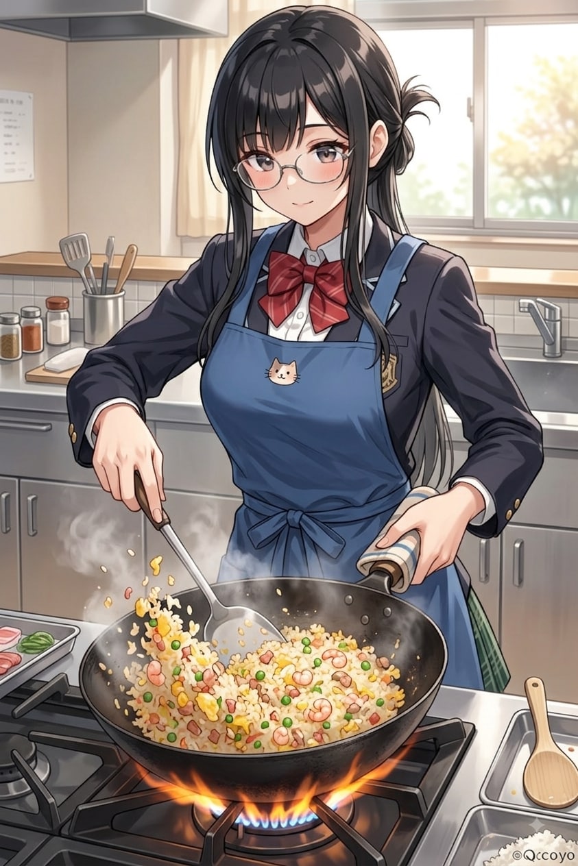 炒飯を作る眼鏡スチャ子
