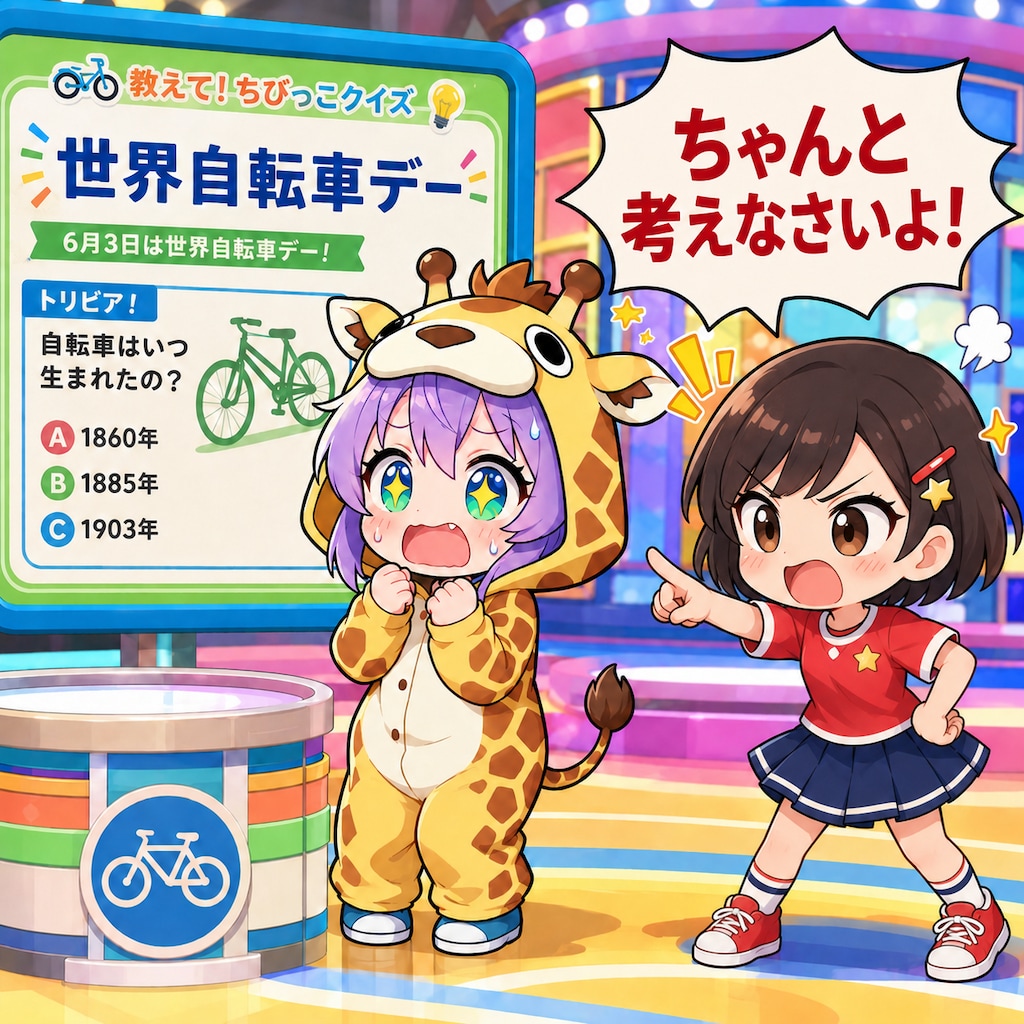 世界自転車デーのキリン着ぐるみちび子ちゃん