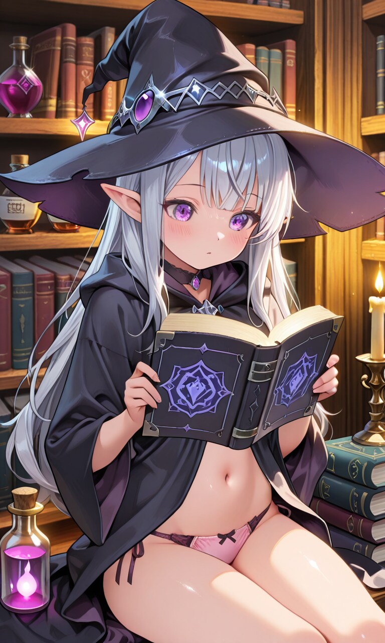 ズボラで下を穿き忘れてる事に気づかないエルフの魔女