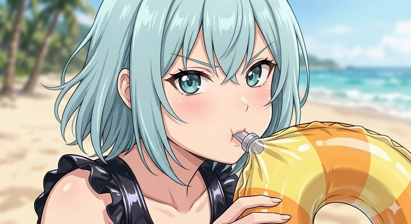 浮き輪を口で膨らませる