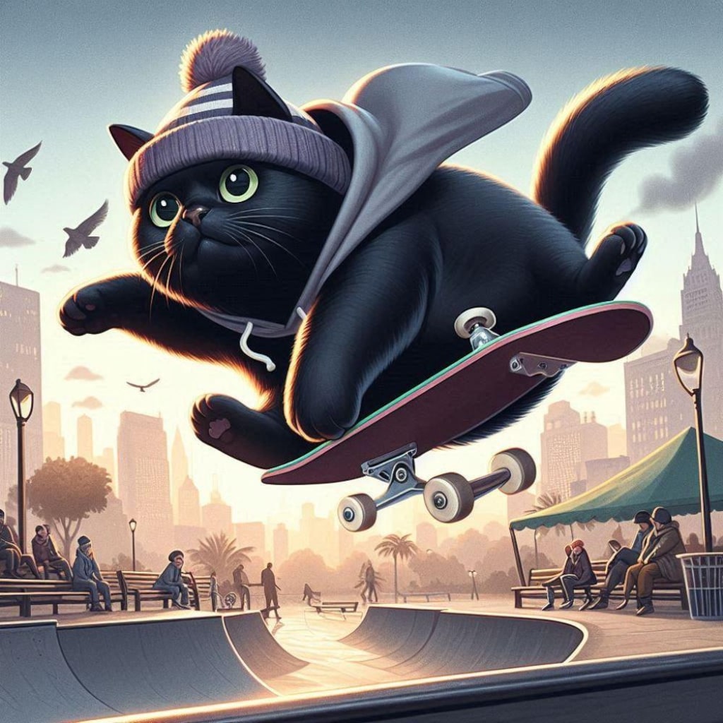 ファンタジー、スケボーでエアトリックきめる黒猫、ニット帽