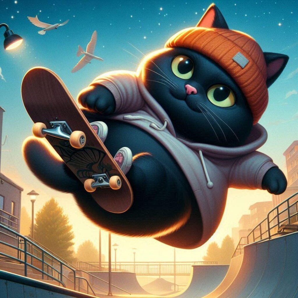 ファンタジー、スケボーでエアトリックきめる黒猫、ニット帽