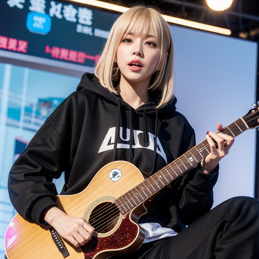ギターを弾くパーカー女子