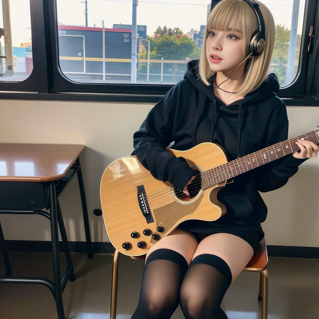 ギターを弾くパーカー女子