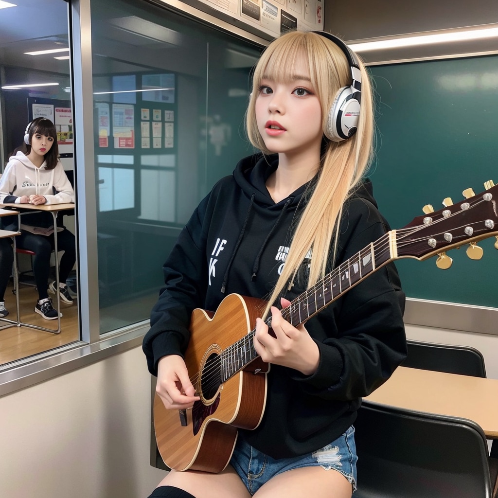 ギターを弾くパーカー女子