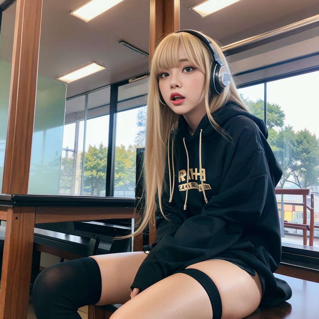 ギターを弾くパーカー女子