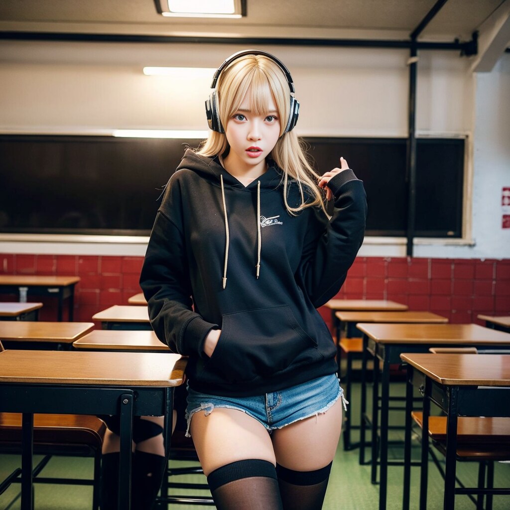 ギターを弾くパーカー女子