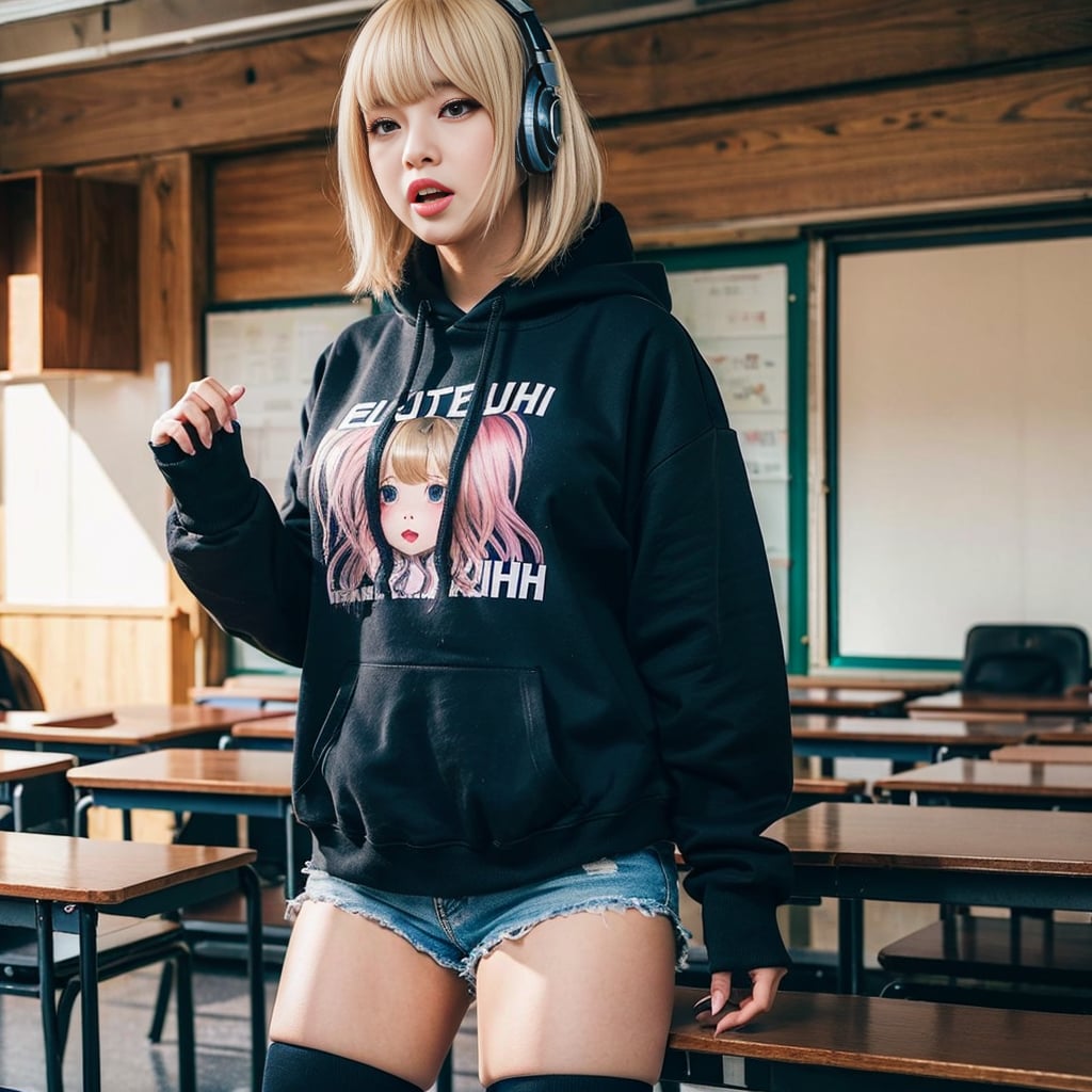 ギターを弾くパーカー女子