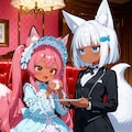 ライトブルーロリータ服桃狐ちゃんと執事服白狐ちゃん 2枚目