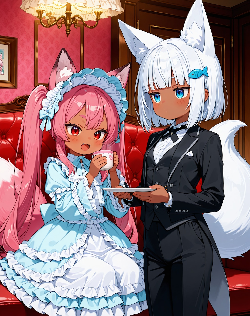 ライトブルーロリータ服桃狐ちゃんと執事服白狐ちゃん