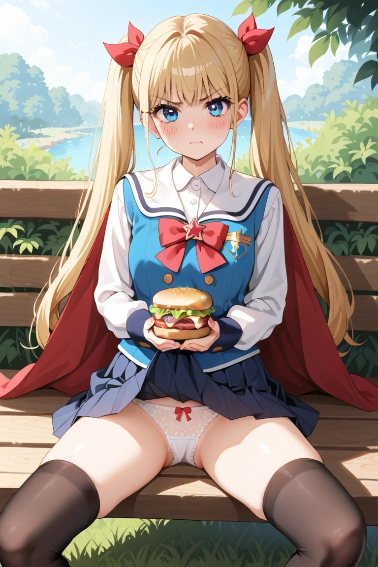 公園ベンチでハンバーガー持ってパンツ見せ