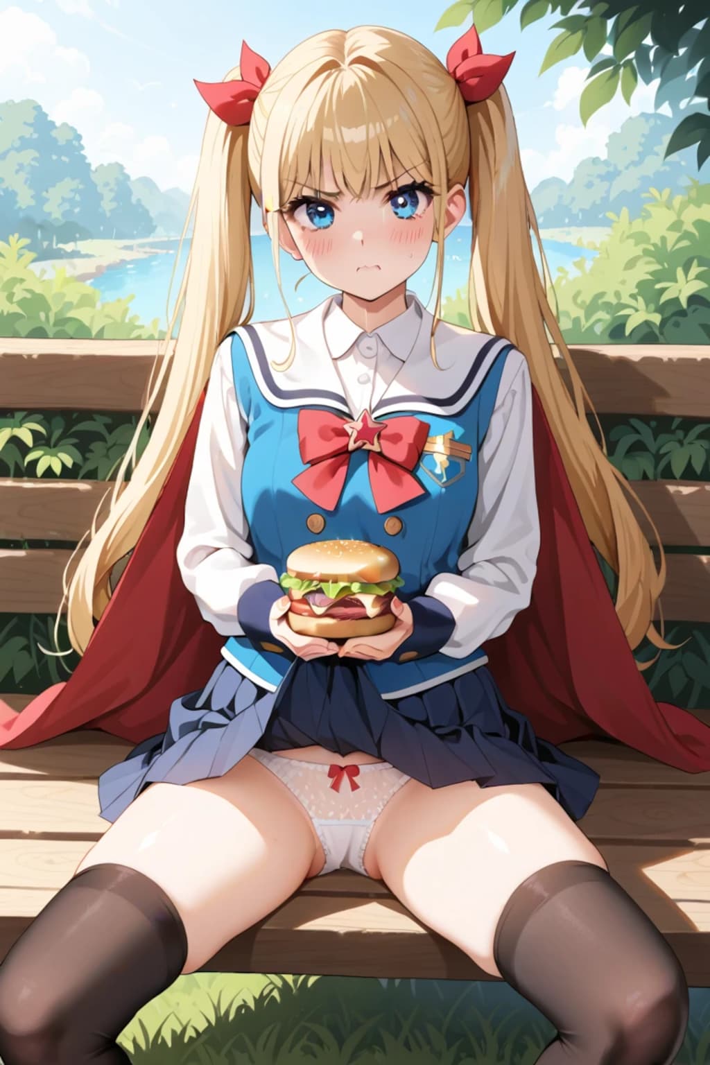 公園ベンチでハンバーガー持ってパンツ見せ