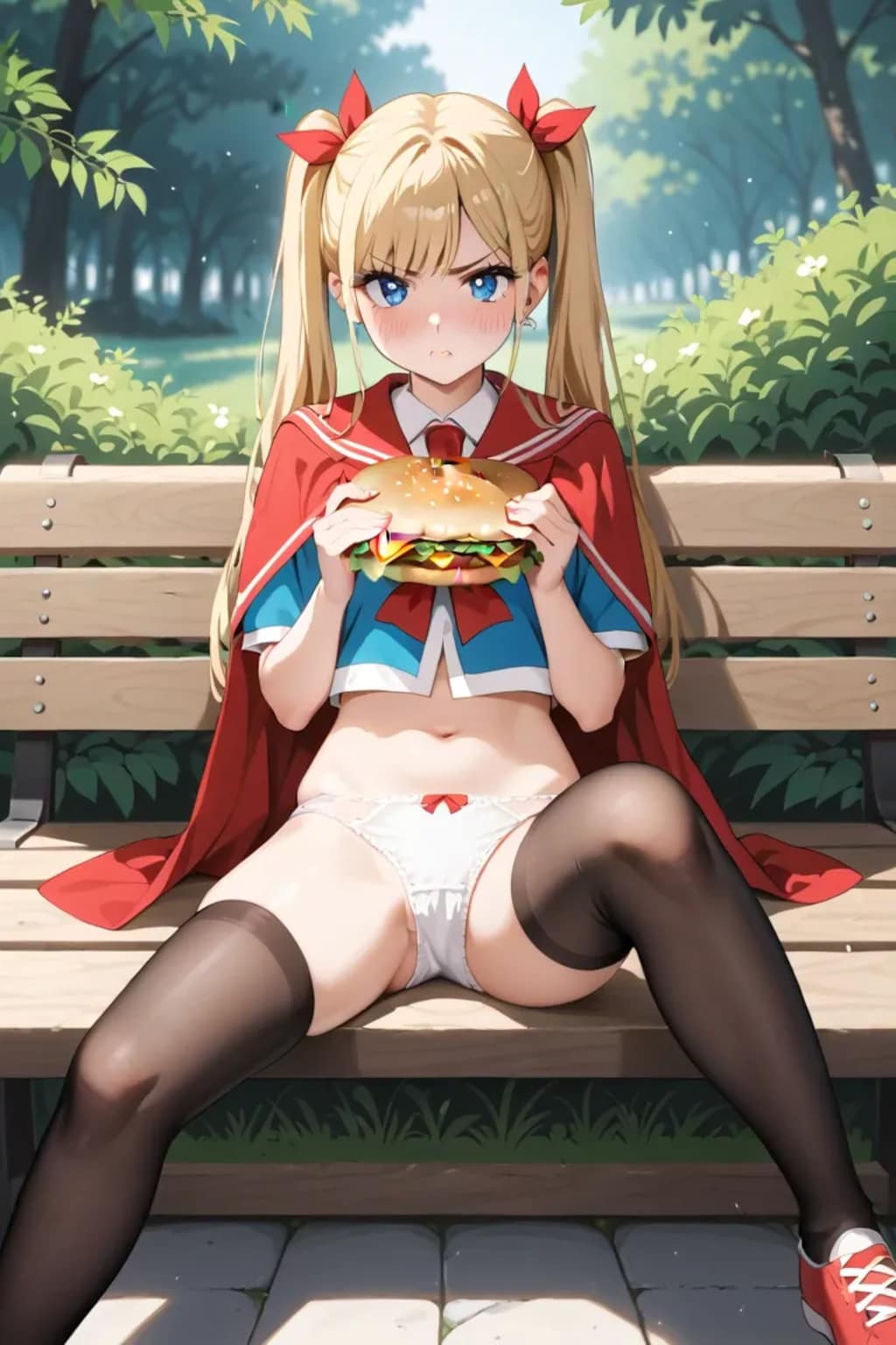 公園ベンチでハンバーガー持ってパンツ見せ