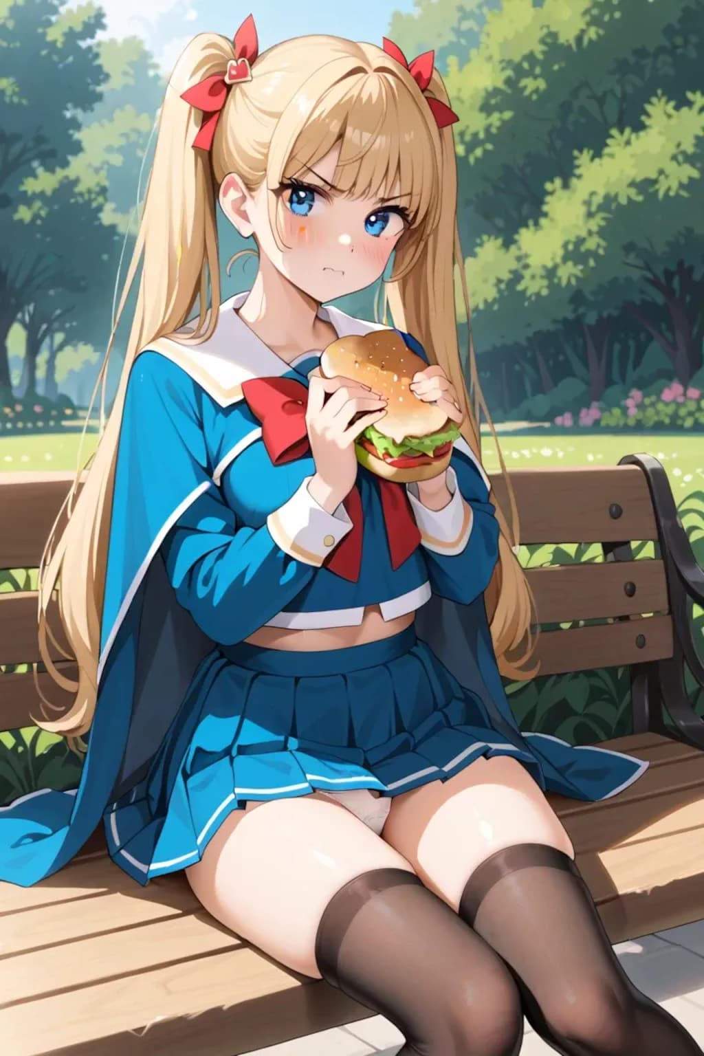 公園ベンチでハンバーガー持ってパンツ見せ