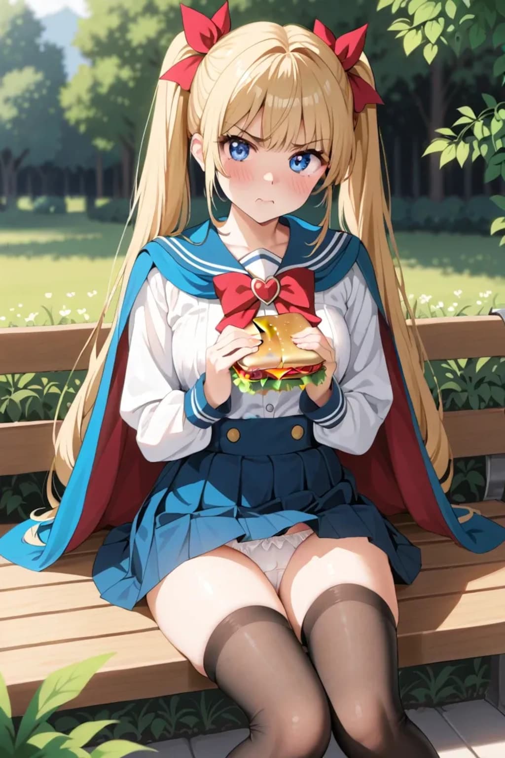 公園ベンチでハンバーガー持ってパンツ見せ