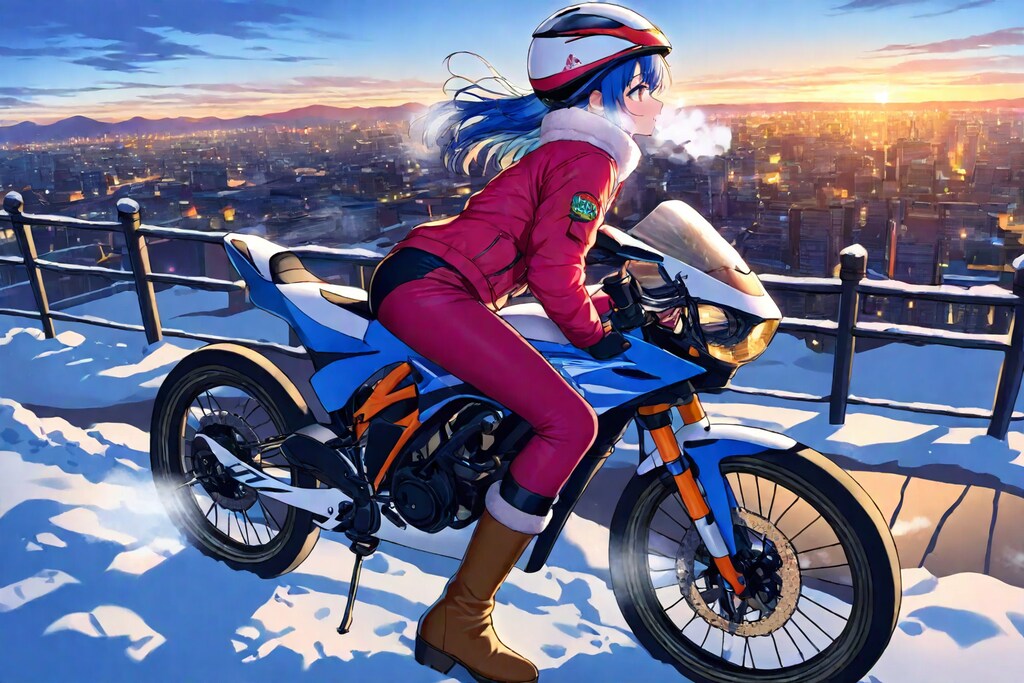 冬の朝焼けとバイクと女の子