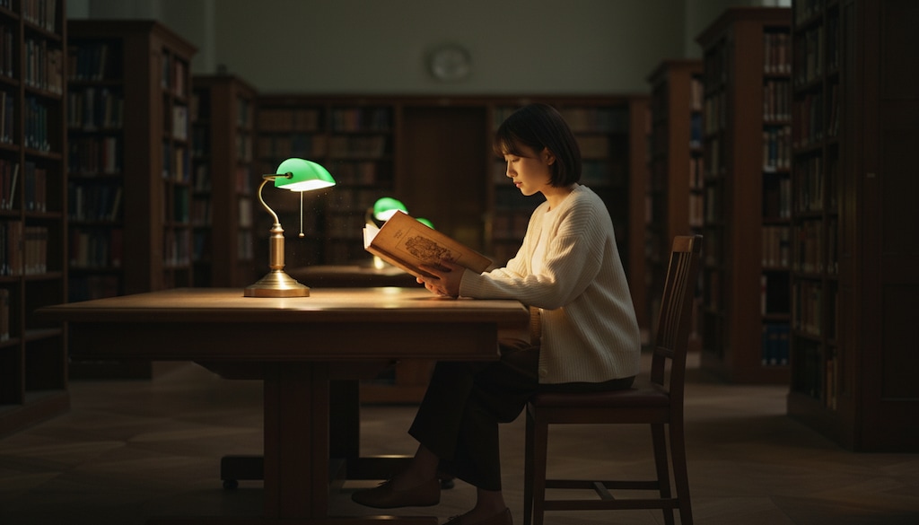 夜の図書館、ページをめくる音だけが響く