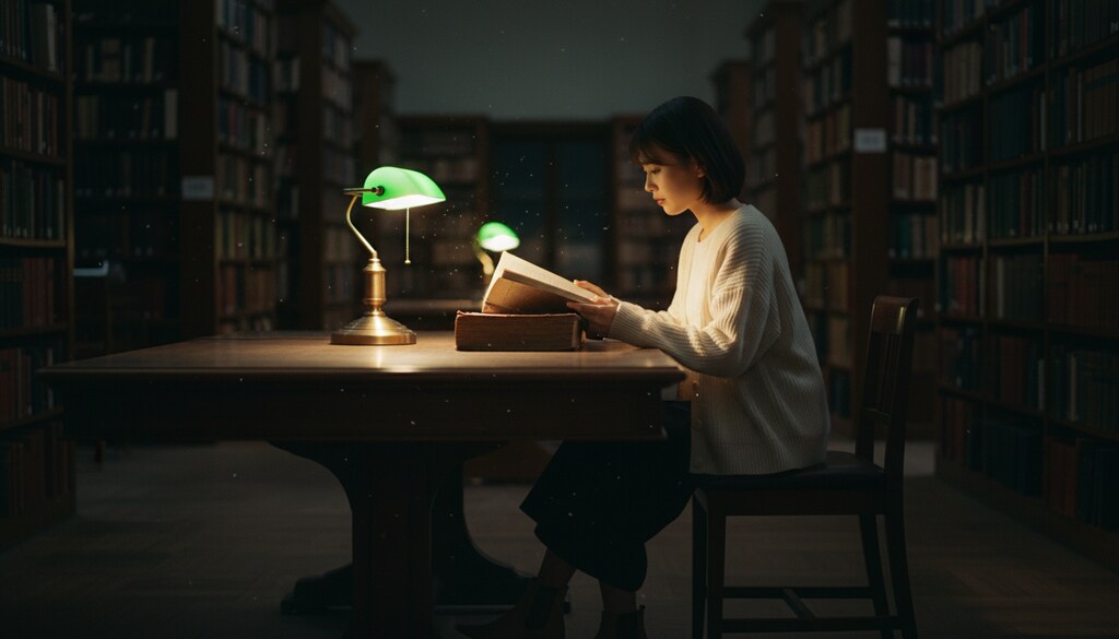 夜の図書館、ページをめくる音だけが響く