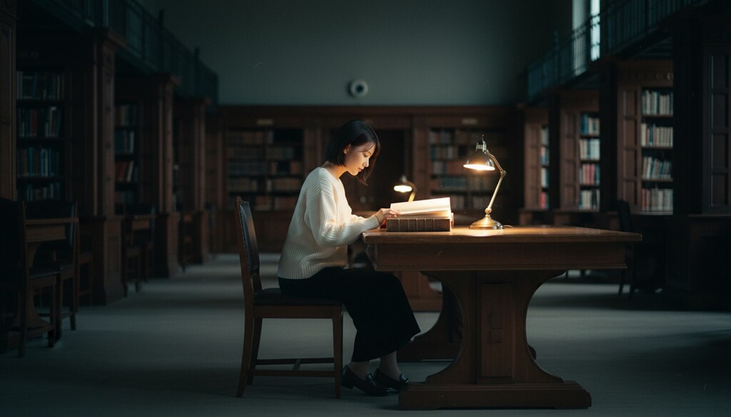 夜の図書館、ページをめくる音だけが響く