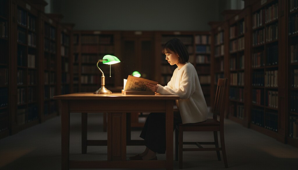 夜の図書館、ページをめくる音だけが響く