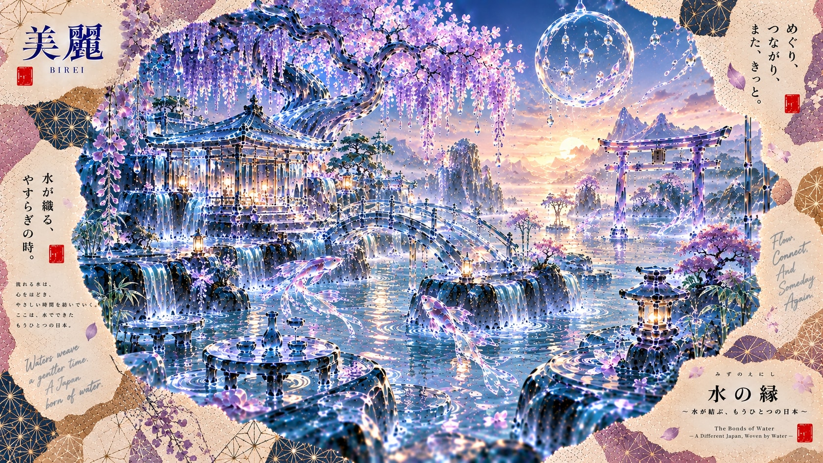 Koi made of glass and light leaping between waterfalls, wisteria trailing into a shrine woven entire | の人気AIイラスト・グラビア