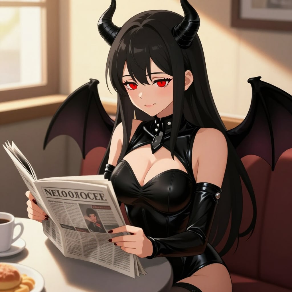 朝食のテーブルで新聞を読むサキュバス | の人気AIイラスト・グラビア