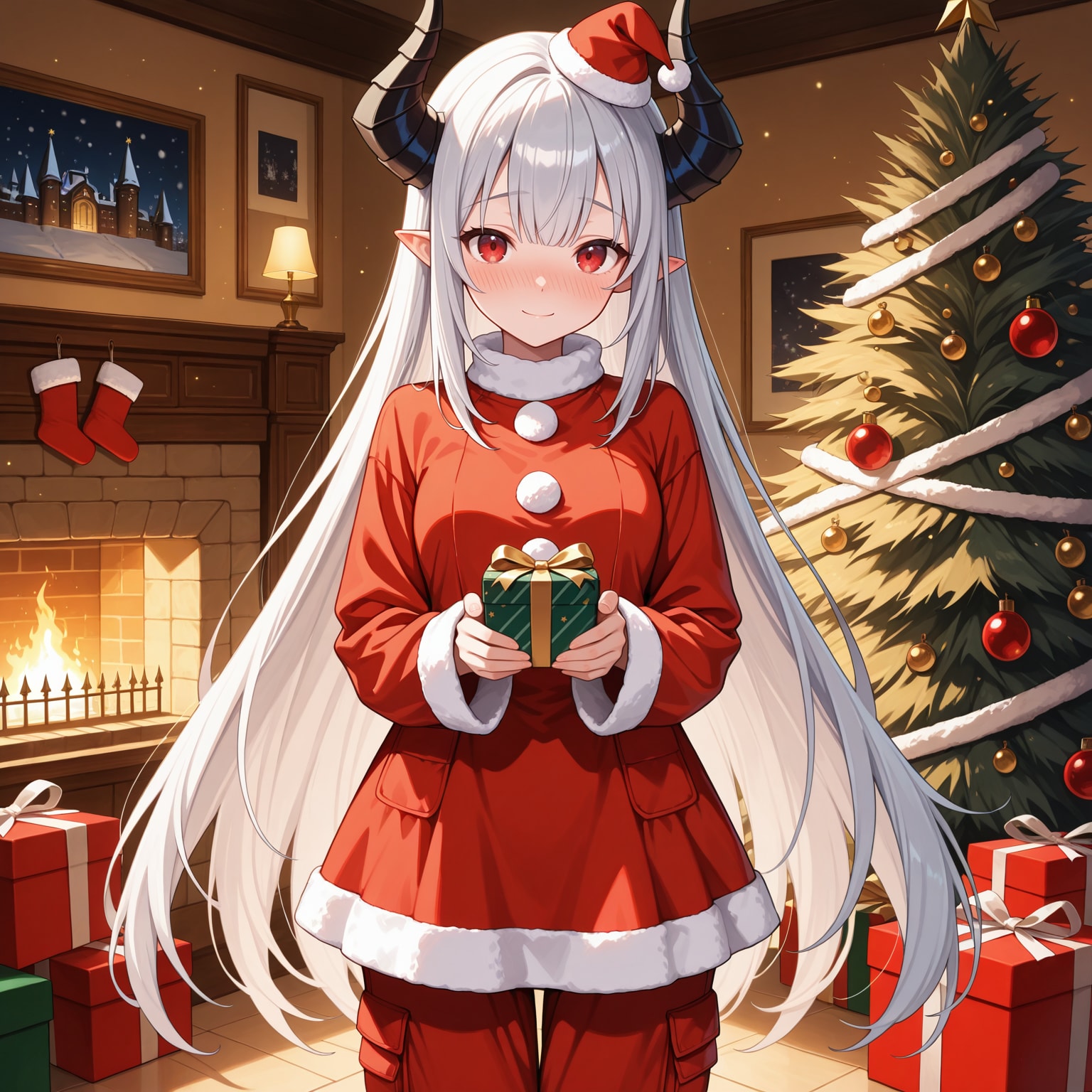 はにかみながらもクリスマスプレゼントを届けてくれる銀髪竜姫さん | の人気AIイラスト・グラビア