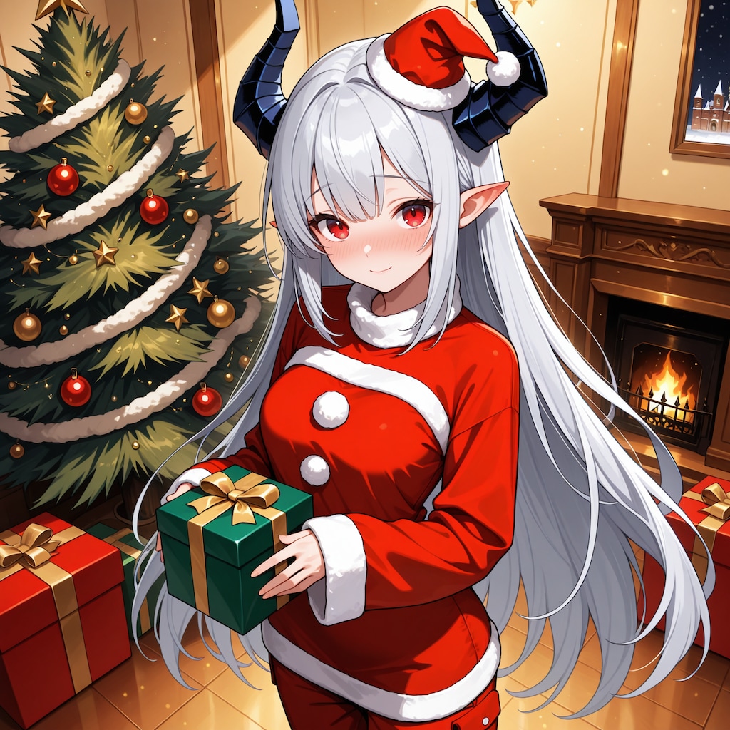 はにかみながらもクリスマスプレゼントを届けてくれる銀髪竜姫さん