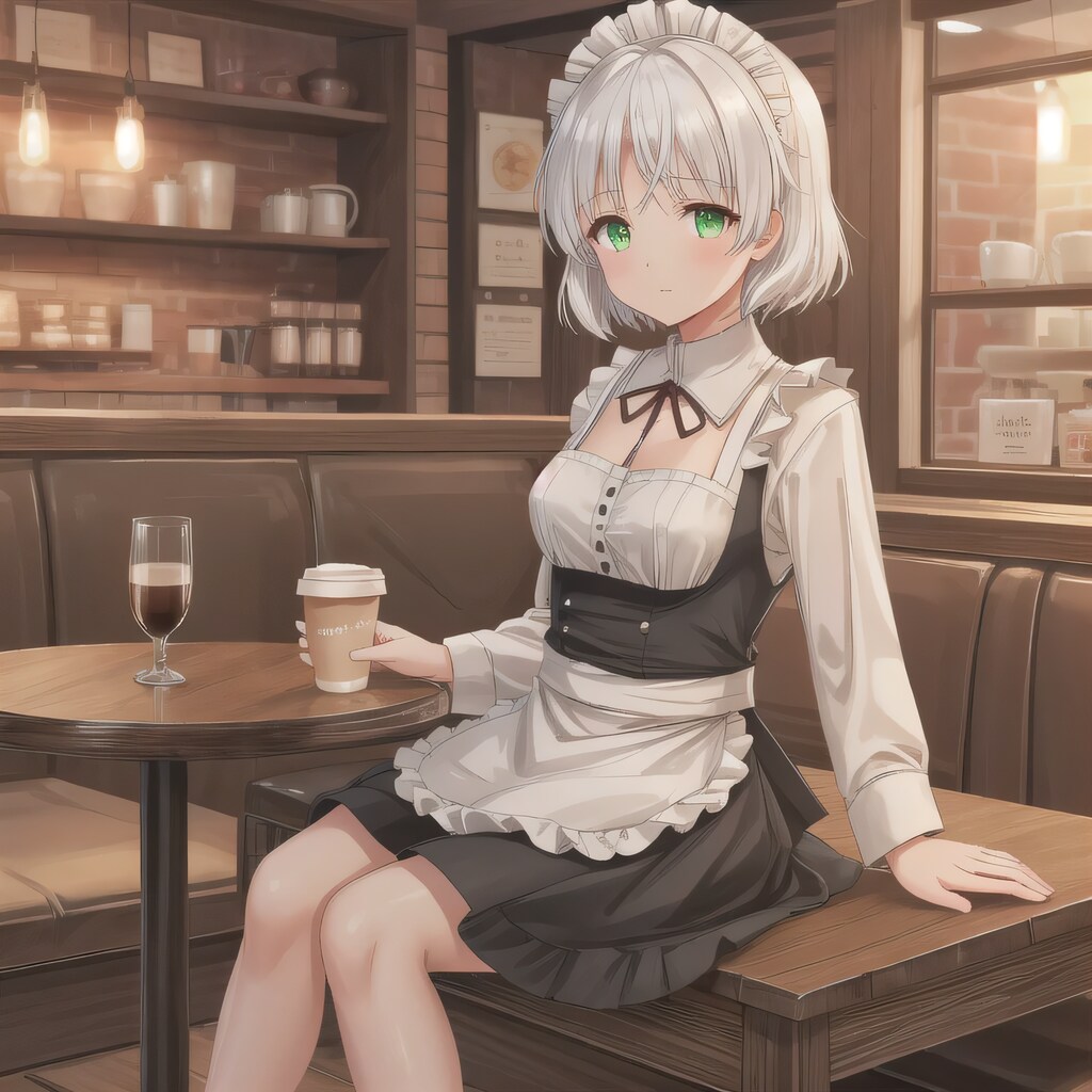 銀髪ボブでカフェの少女