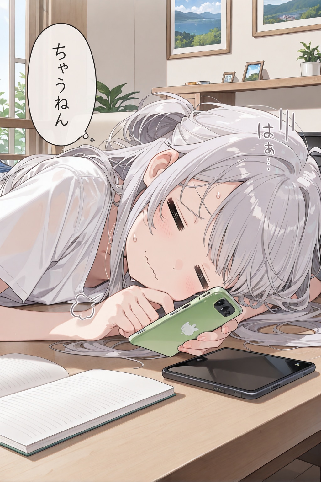 勉強中にスマホを見つめるちゃうねんガール