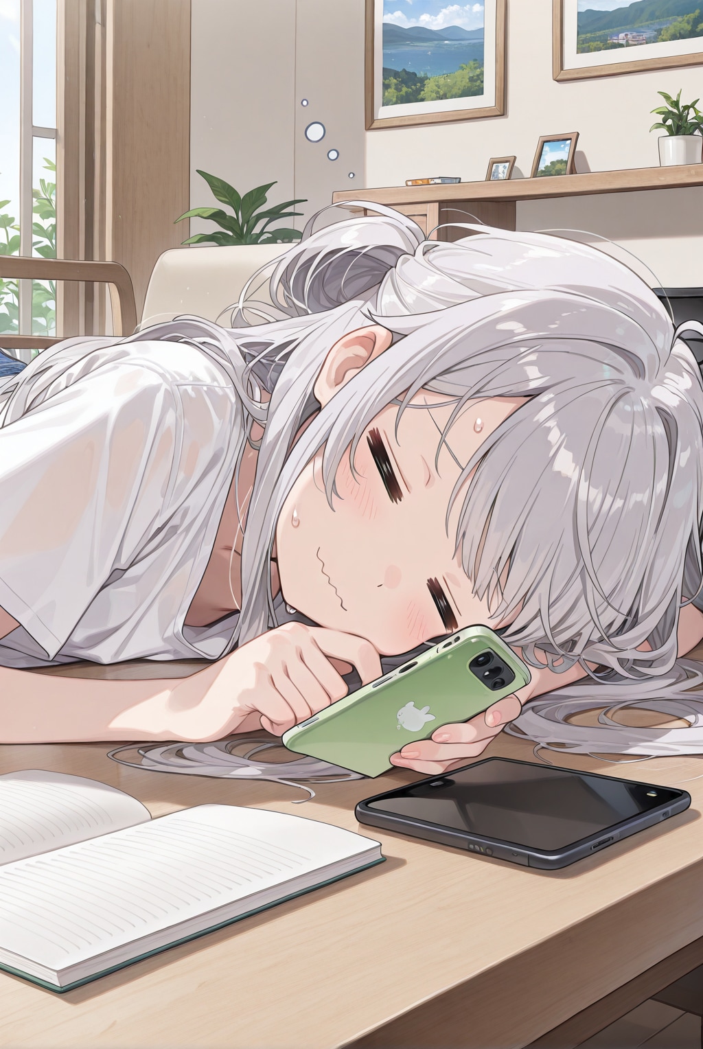 勉強中にスマホを見つめるちゃうねんガール
