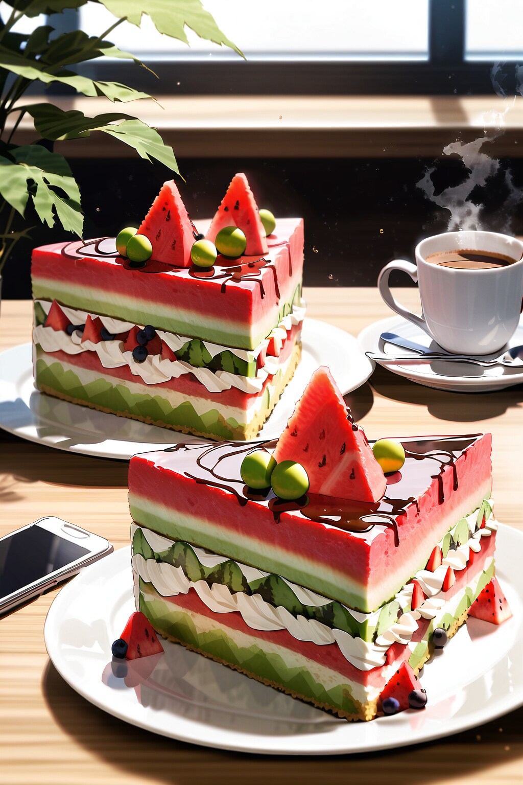 スイカケーキとコーヒー | の人気AIイラスト・グラビア