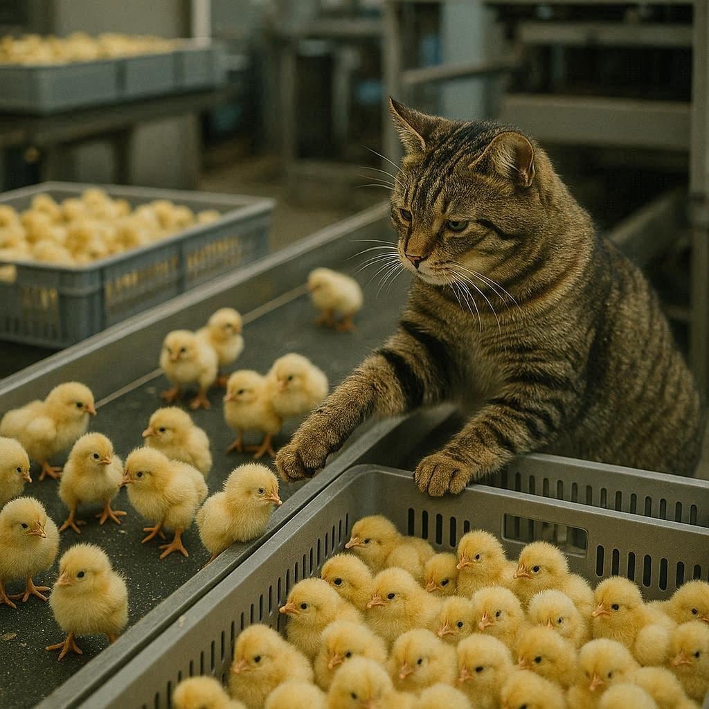 ひよこの選別をする35世紀の猫