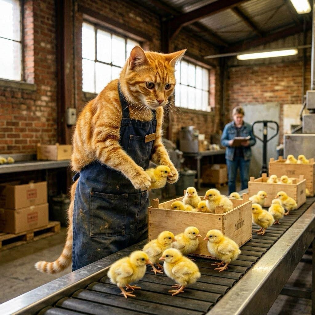 ひよこの選別をする35世紀の猫
