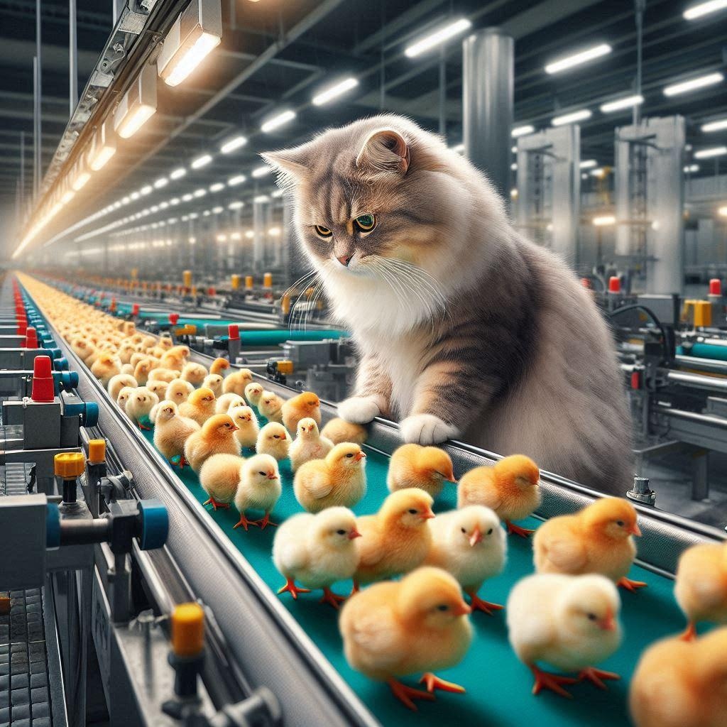 ひよこの選別をする35世紀の猫