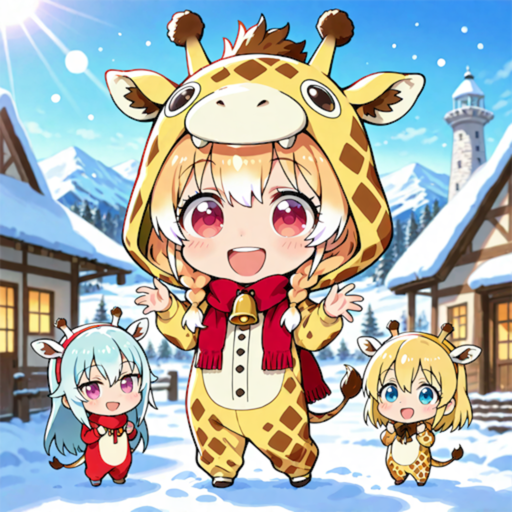 雪の降る家並みとキリン着ぐるみちび子ちゃんたち