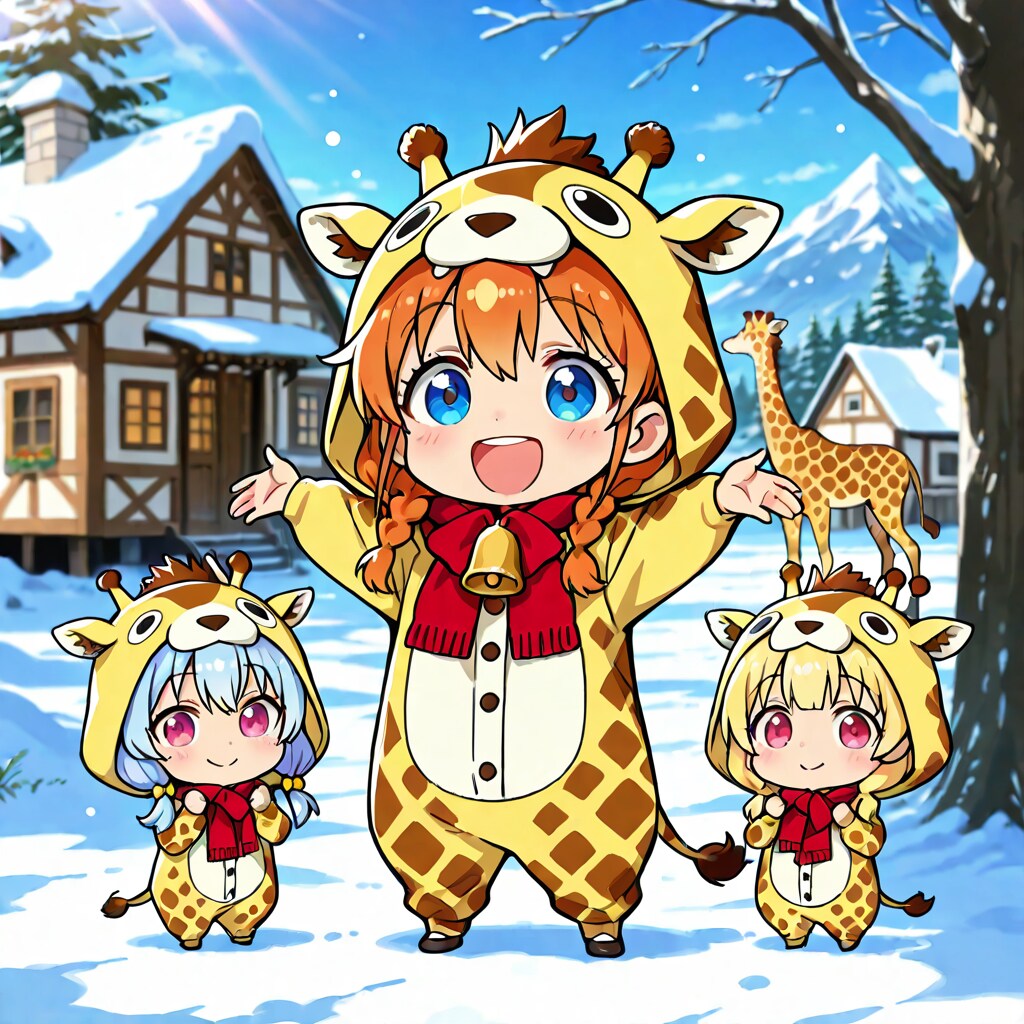 雪の降る家並みとキリン着ぐるみちび子ちゃんたち | の人気AIイラスト・グラビア