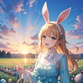 花畑でイースターエッグを集めるウサギ少女 2枚目