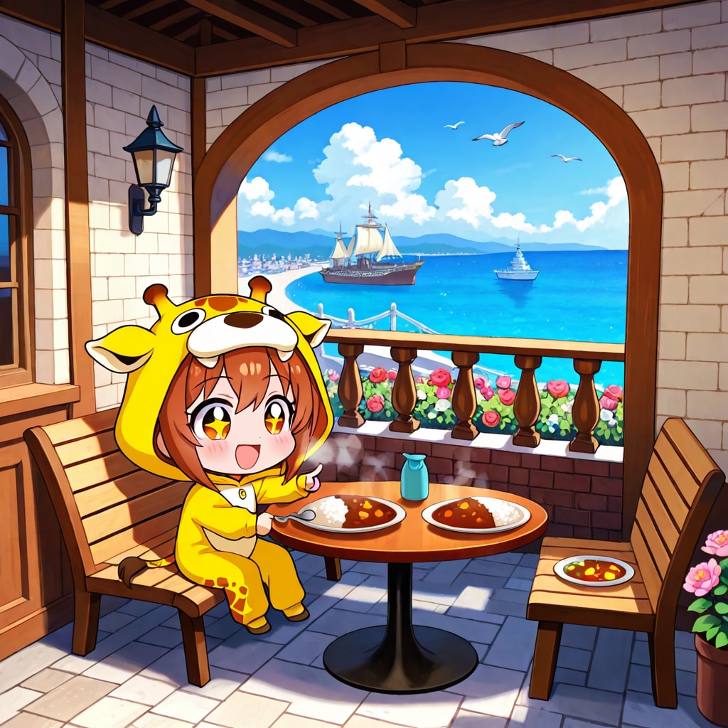 港町でカレーを食べるキリン着ぐるみちび子ちゃん