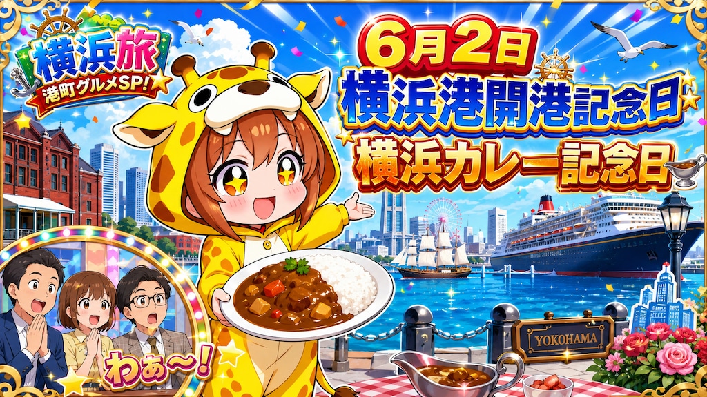 港町でカレーを食べるキリン着ぐるみちび子ちゃん