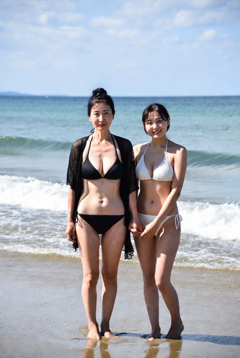 ママと娘　ビーチでおっぱい