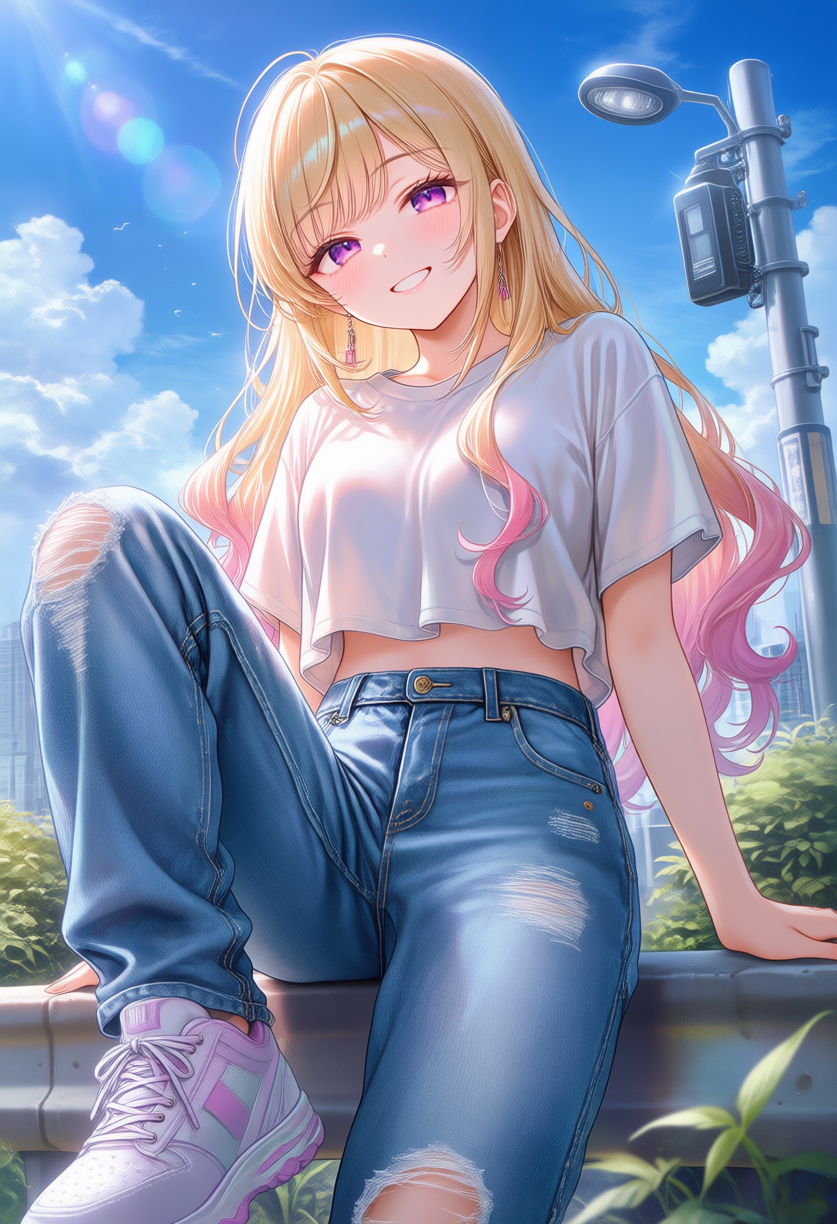 下から見上げる美脚デニムポーズ