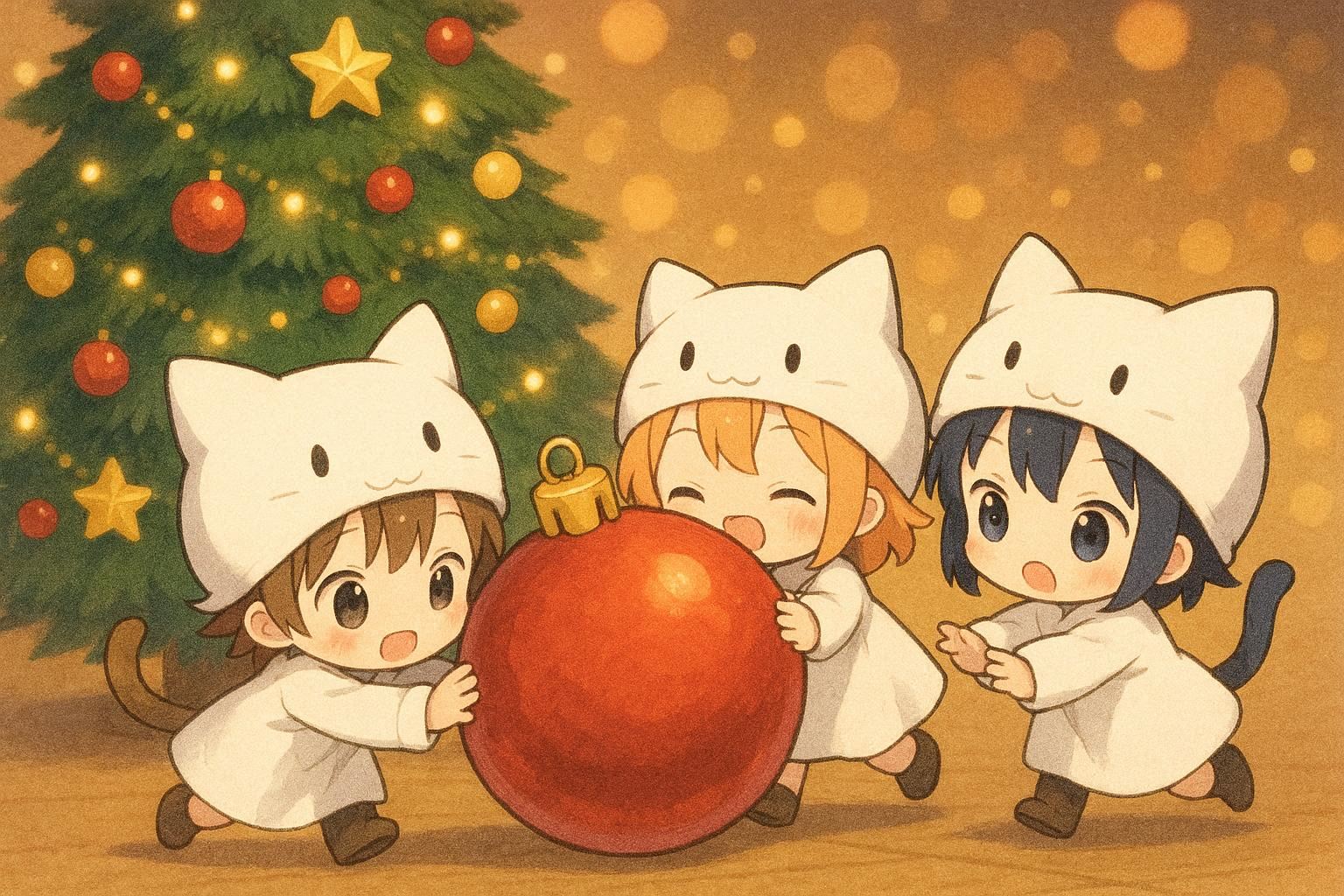 クリスマスの準備をしている？白猫お帽子ちびちゃんず | の人気AIイラスト・グラビア