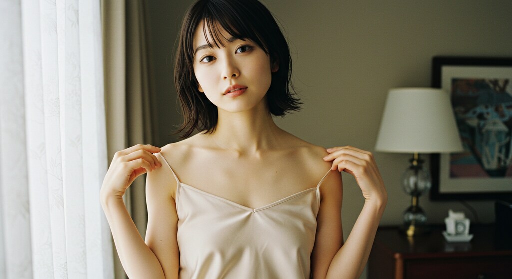 スリップドレスで肩紐遊び