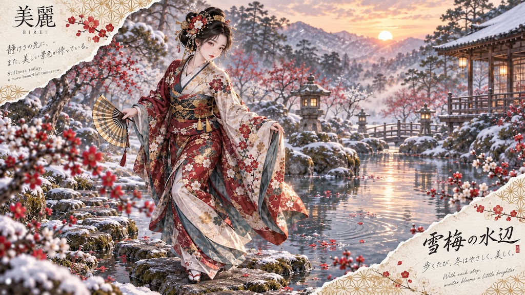 Snow Plum Waterside  Stillness today, a more beautiful tomorrow.  In a garden of snow and plum bloss