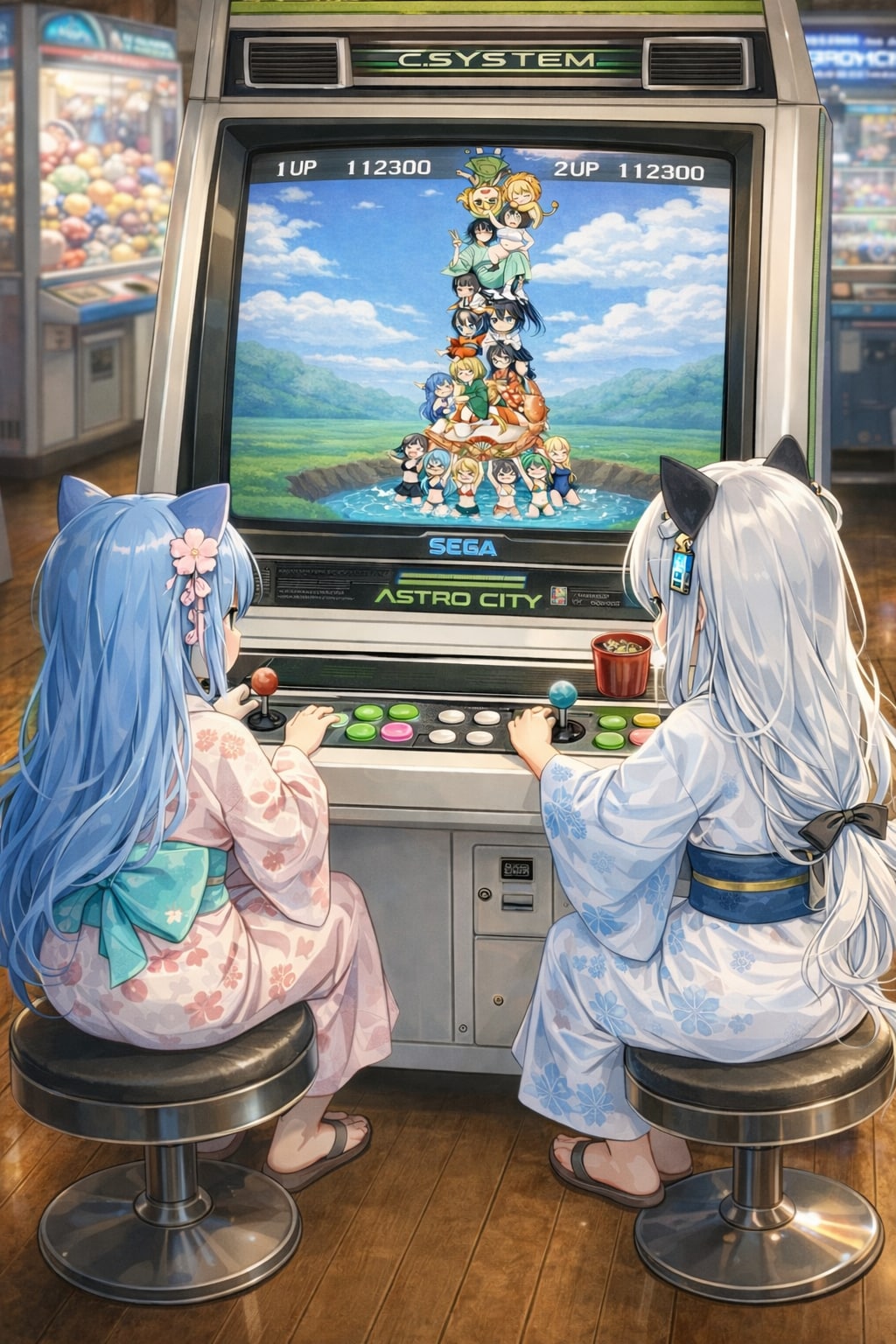 温泉ゲーセンでなにかのせタワーバトルをする　わたしとチャトピちゃん | の人気AIイラスト・グラビア